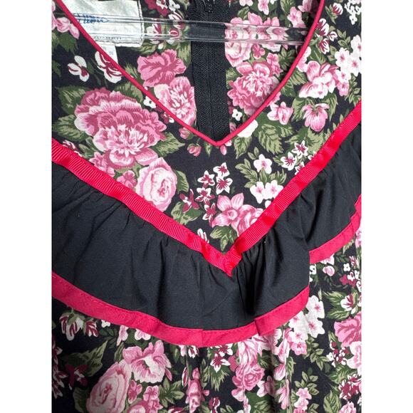 1980s Malumi Hawaii Floral Prairie Dress Pink Roses Ruffle Trim Size Large - Picture 7 of 14